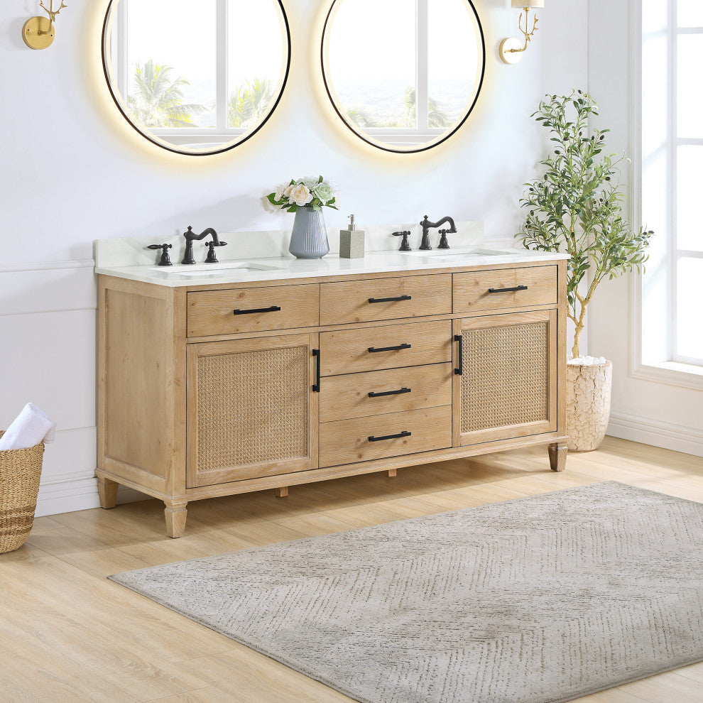 Solana Bathroom Vanity with Calacatta White Quartz Stone Countertop, Weathered Fir, 72", Without Mirror