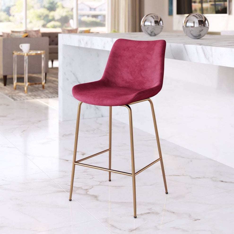 Counter Stool Chair, Steel Metal, Fabric, Red, Gold, Bar Kitchen Cafe Bistro