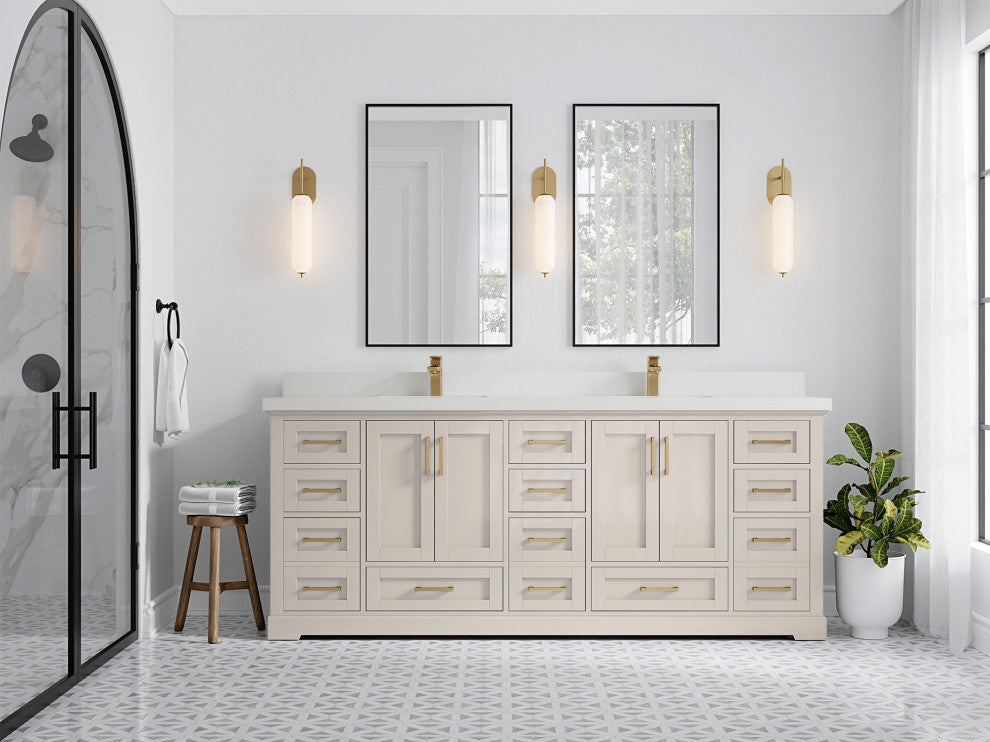 Boston 84" Double Sink Bath Vanity in Fine Grain 2" White Quartz