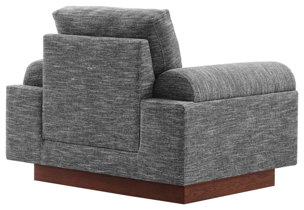 Modern Fabric Armchair with Wooden Plinth Base, Bolster Chair, Grey
