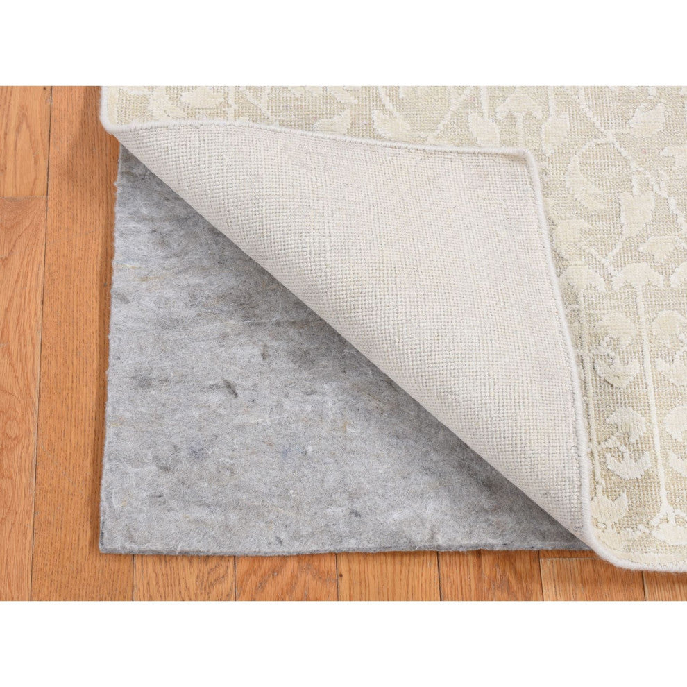 White Hand Knotted Tone on Tone Design Silk With Wool Runner Rug 2'6"x10'1"