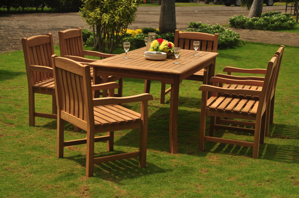 7-Piece Outdoor Patio Teak Dining Set, 71" Rectangle Table, 6 Devon Arm Chairs