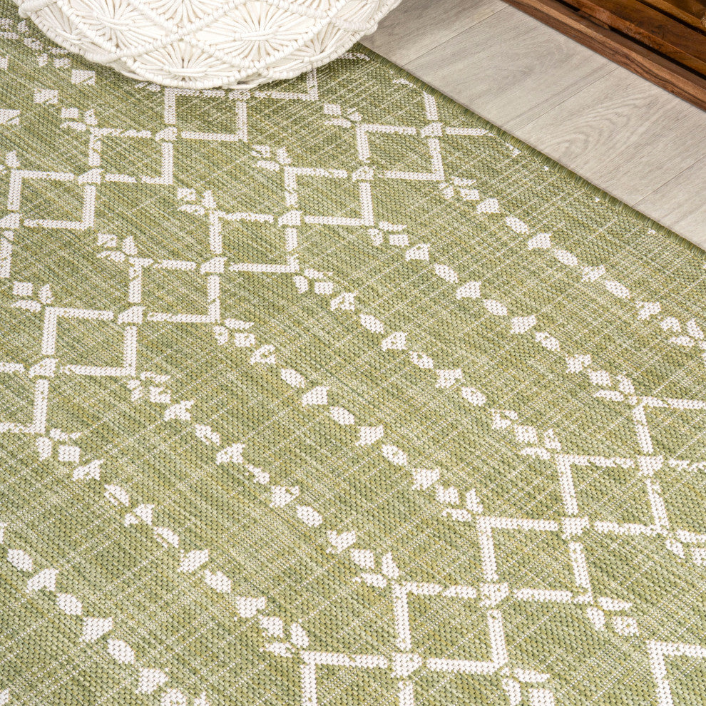 Ourika Moroccan Geometric Indoor/Outdoor Rug, Light Green/Cream, 5' Square