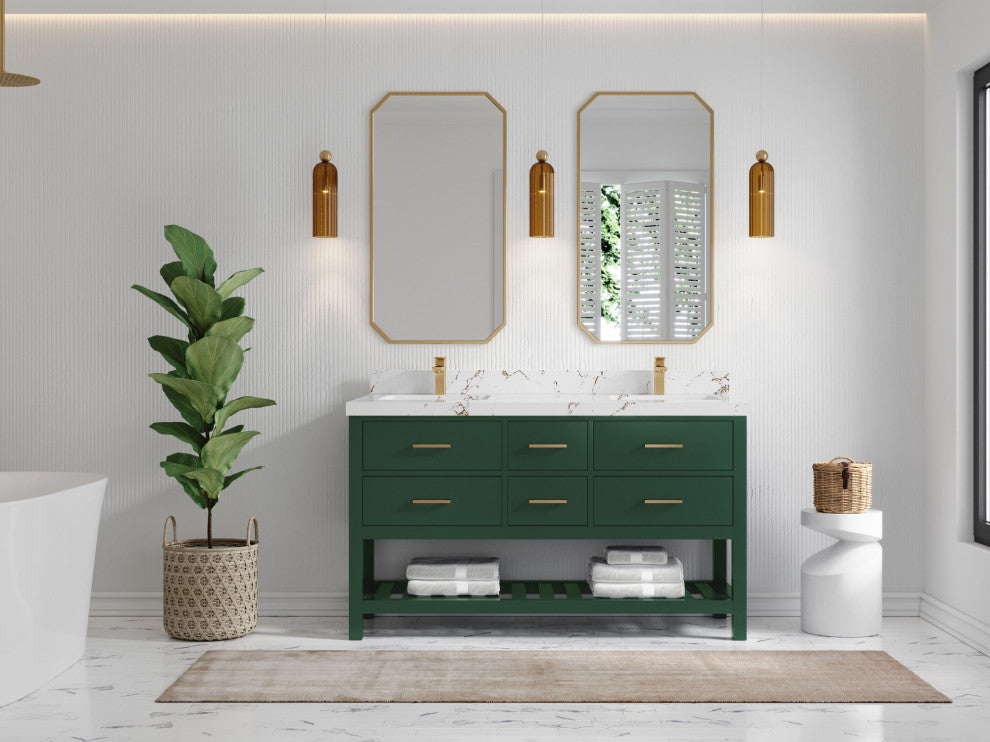 Parker 60" Double Sink Bath Vanity, Lafayette Green 2" Viola Brown