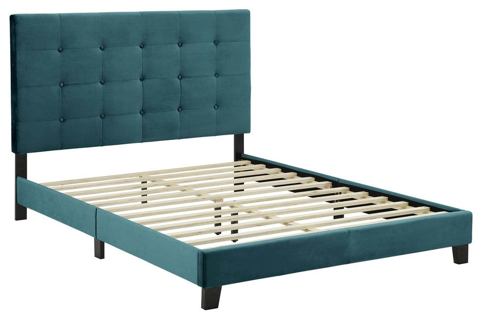 Melanie Queen Tufted Button Upholstered Performance Velvet Platform Bed Sea Blue