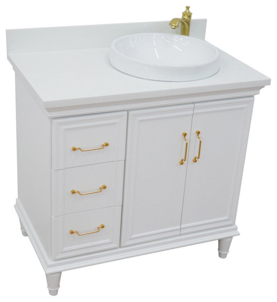 37" Single Vanity, White Finish With White Engineered Stone Top