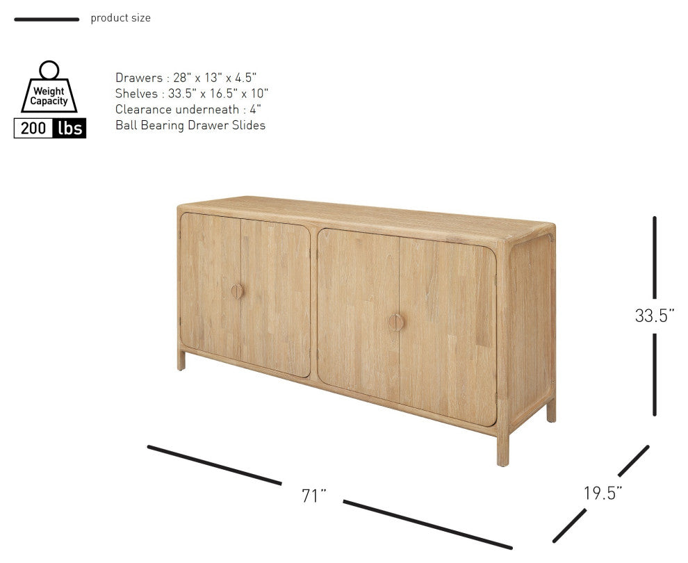 Hansville Sideboard 4 Doors With 2 Inner Drawers, Natural Whitewash