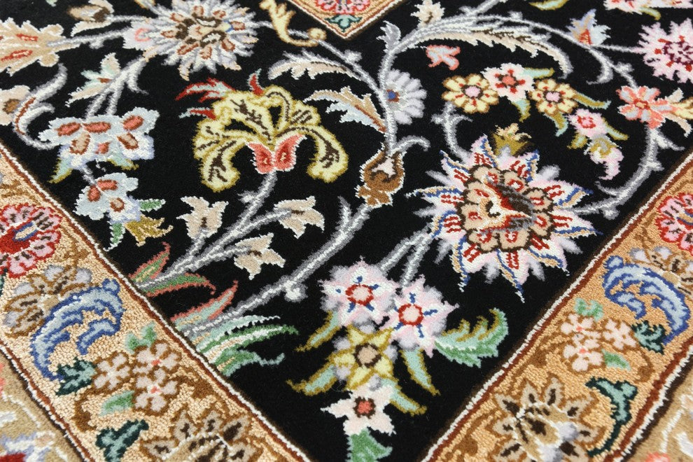 Black Authentic Persian Isfahan Tree of Life Hand Knotted Wool and Silk Rug, 5x7