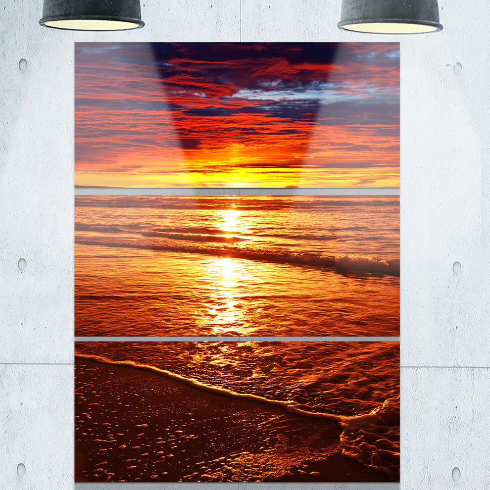 "Colorful Sunset Mirrored in Waters" Beach Metal Wall Art, 3 Panels, 28"x36"