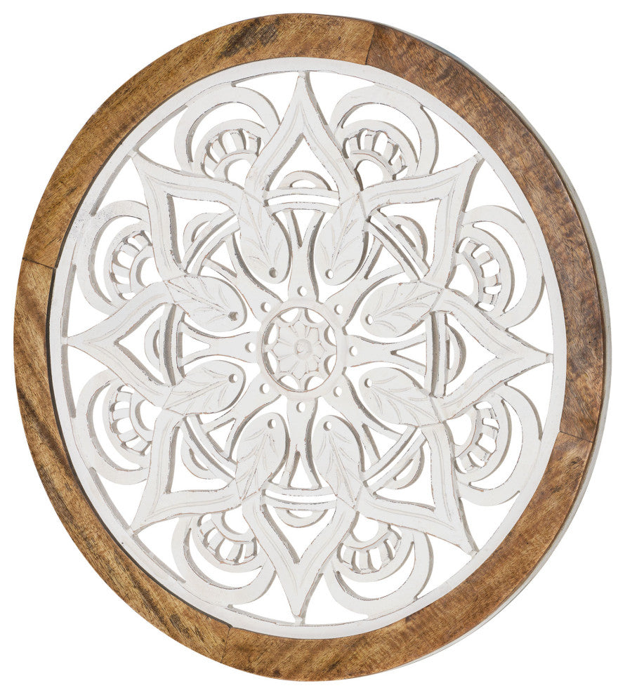 Distressed Wood Framed Round White Floral Wall Accent Medallion - 24"
