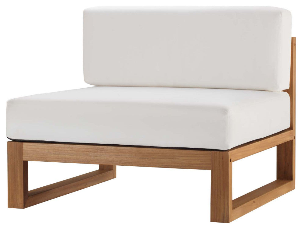 Sectional Sofa Chair Table Set, White Natural, Teak Wood, Modern, Outdoor Patio