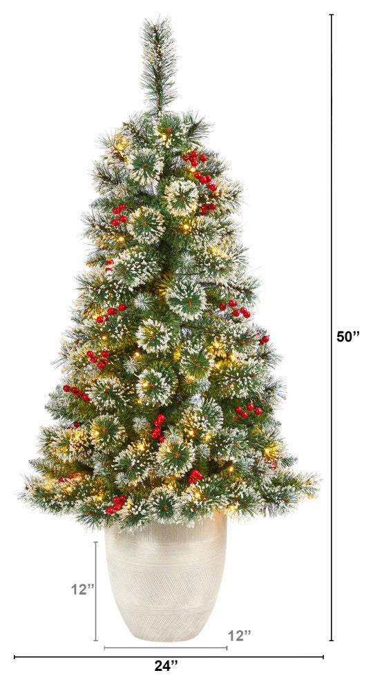 50" Frosted Swiss Pine Faux Xmas Tree W/100 Clear Lights & Berries, Planter