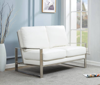 LeisureMod Jefferson Modern Faux Leather Loveseat With Silver Frame, White