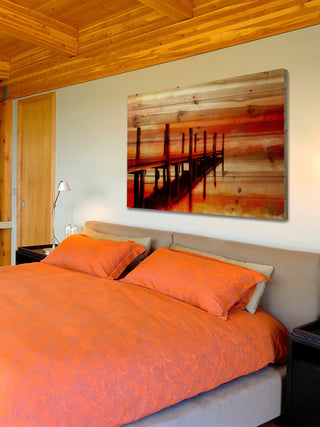 "Sunset Dock" Print on Natural Pine Wood, 60"x40"