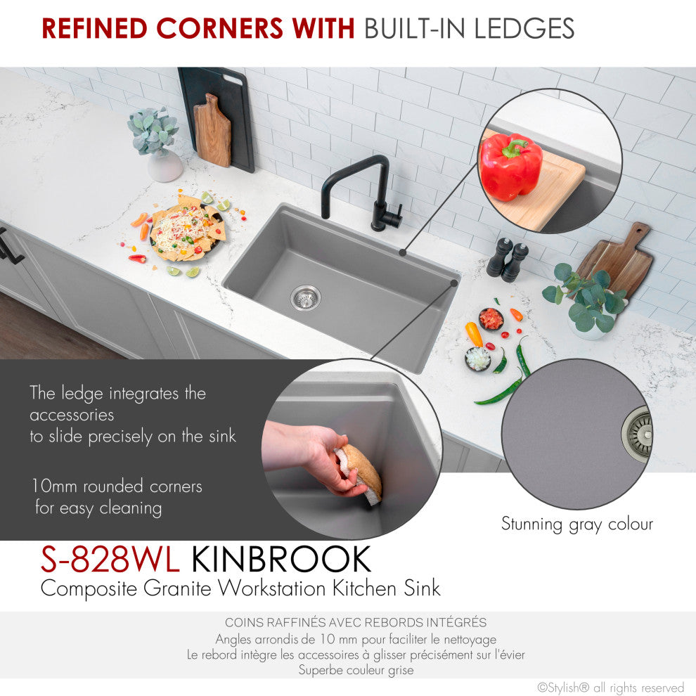 Stylish 28" Dual Mount Single Bowl Gray Granite Kitchen Sink