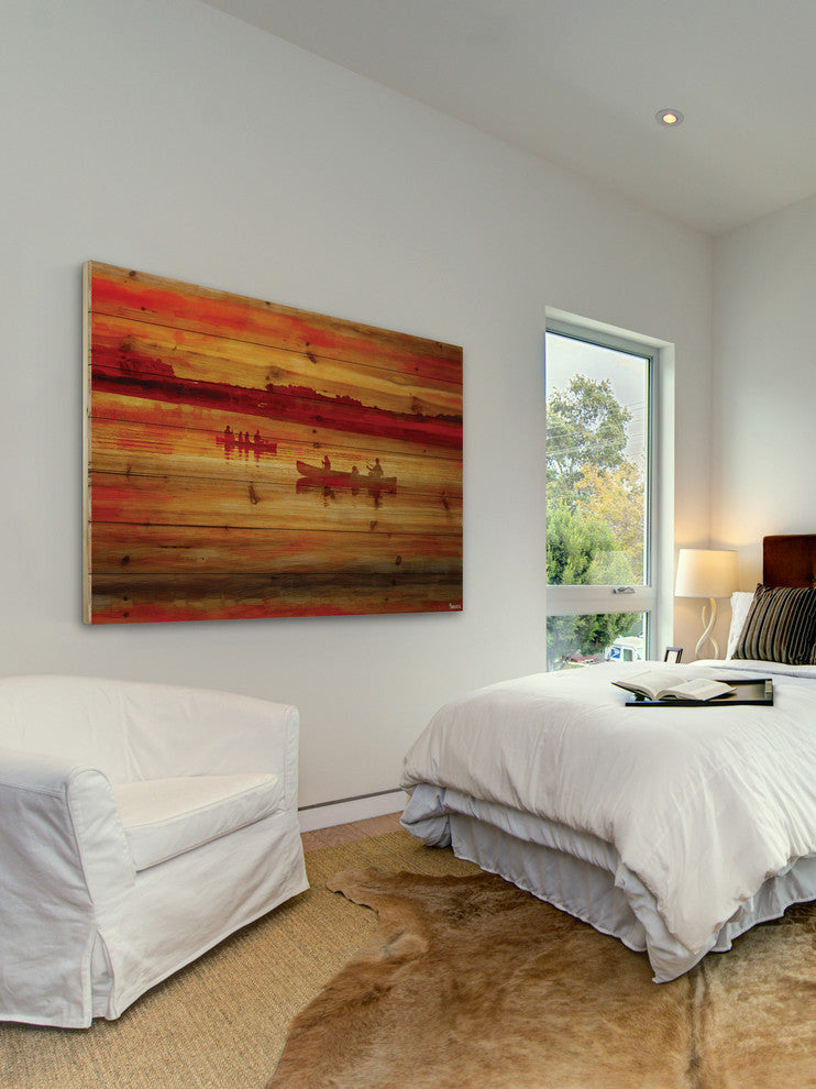 "Sunset Paddle" Print on Natural Pine Wood, 36"x24"