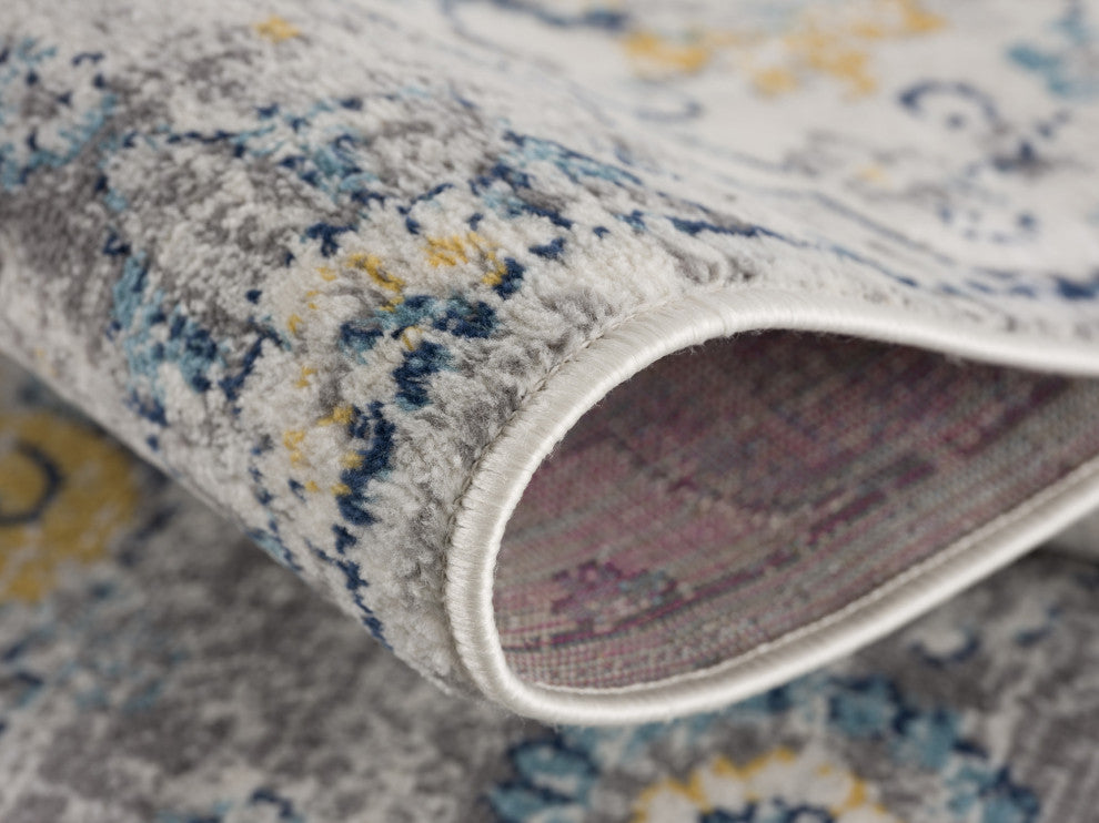 7"x10" Blue Distressed Floral Area Rug