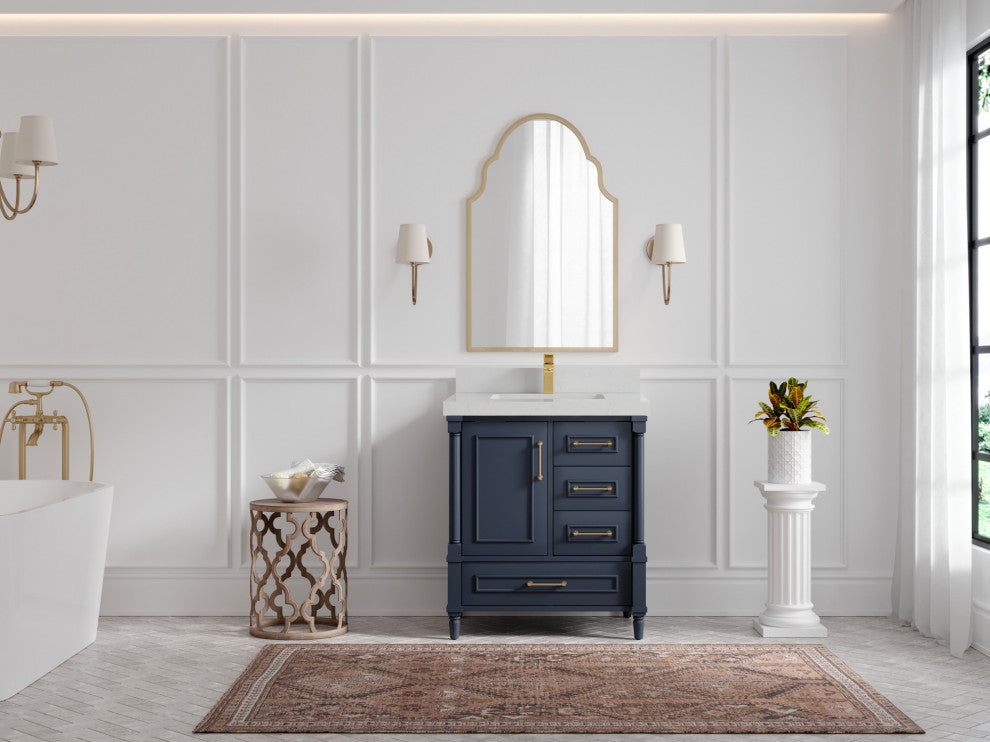 Aberdeen 30 Single Sink Bath Vanity in Hale Navy Blue  2" Carrara Quartz