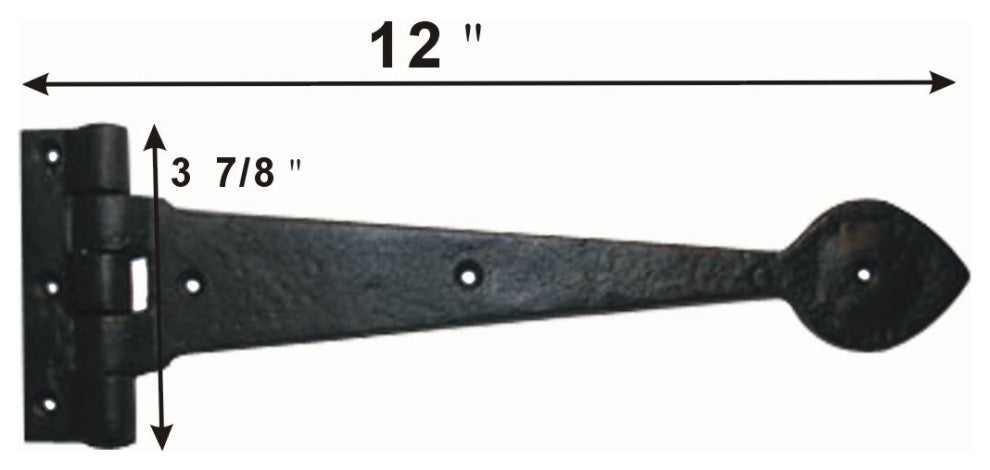 Large Black Wrought Iron Door Strap Hinge 12" L Heart Tip Design Pack of 2