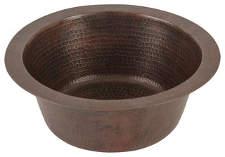 12" Round Hammered Copper Bar Sink, 2" Drain Opening, Drain & Accessories