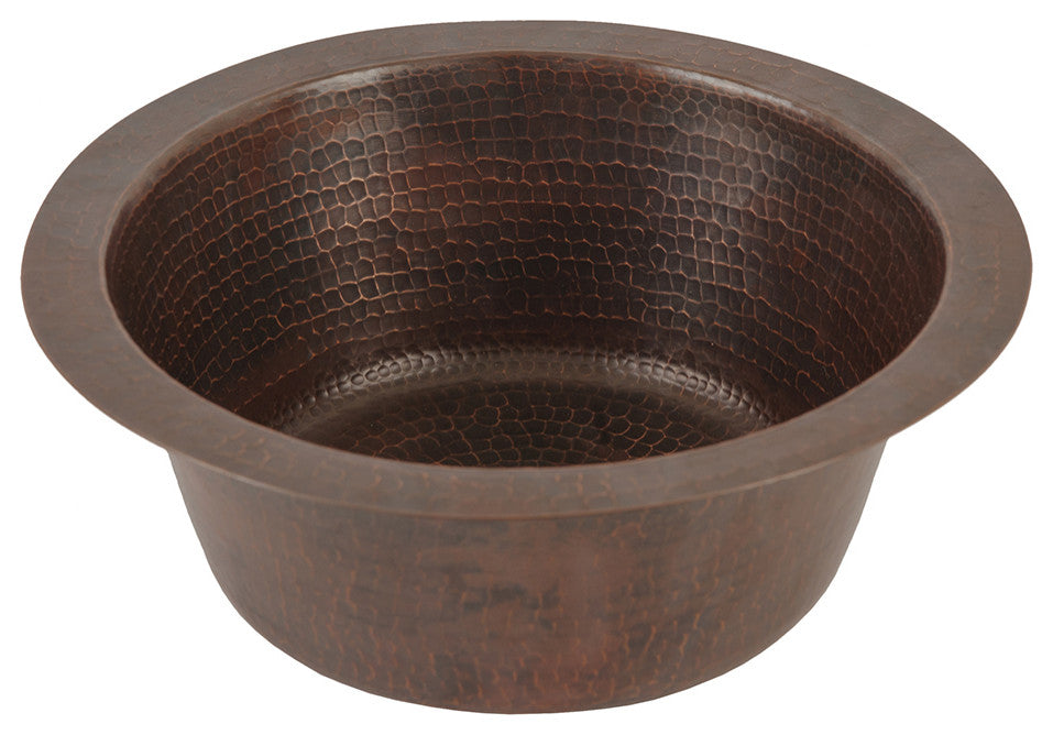 12" Round Hammered Copper Bar Sink, 2" Drain Opening, Drain & Accessories