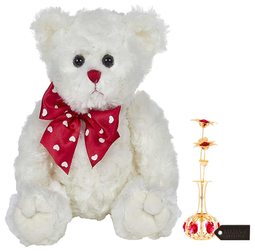 24K Gold Plated Sun Flowers In Vase Ornament With Red Crystals