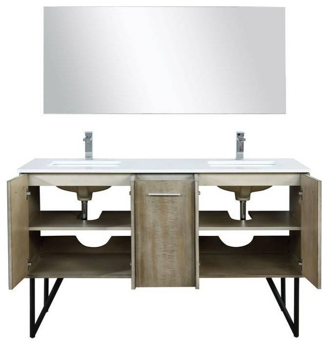 Lancy Modern 60" Rustic Acacia Double Sink Bathroom Vanity Set, Labaro Brushed N