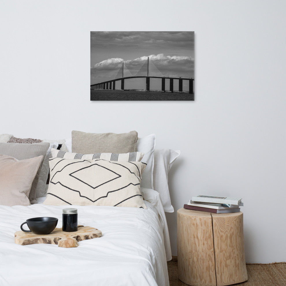 Skyway Bridge Black & White Landscape Photo Canvas Wall Art Print, 24" X 36"