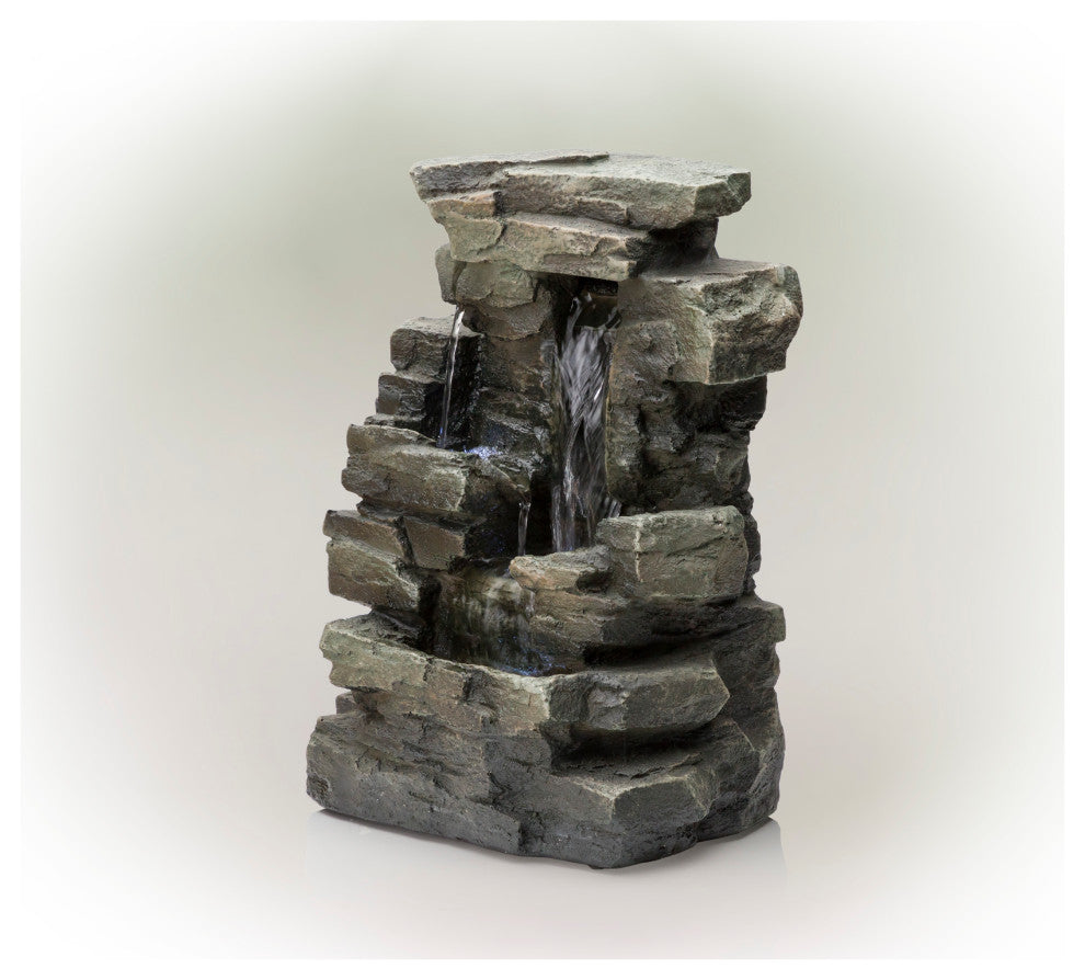 13" Tall Indoor 4-Tier Cascading Tabletop Fountain with LED Lights, Gray