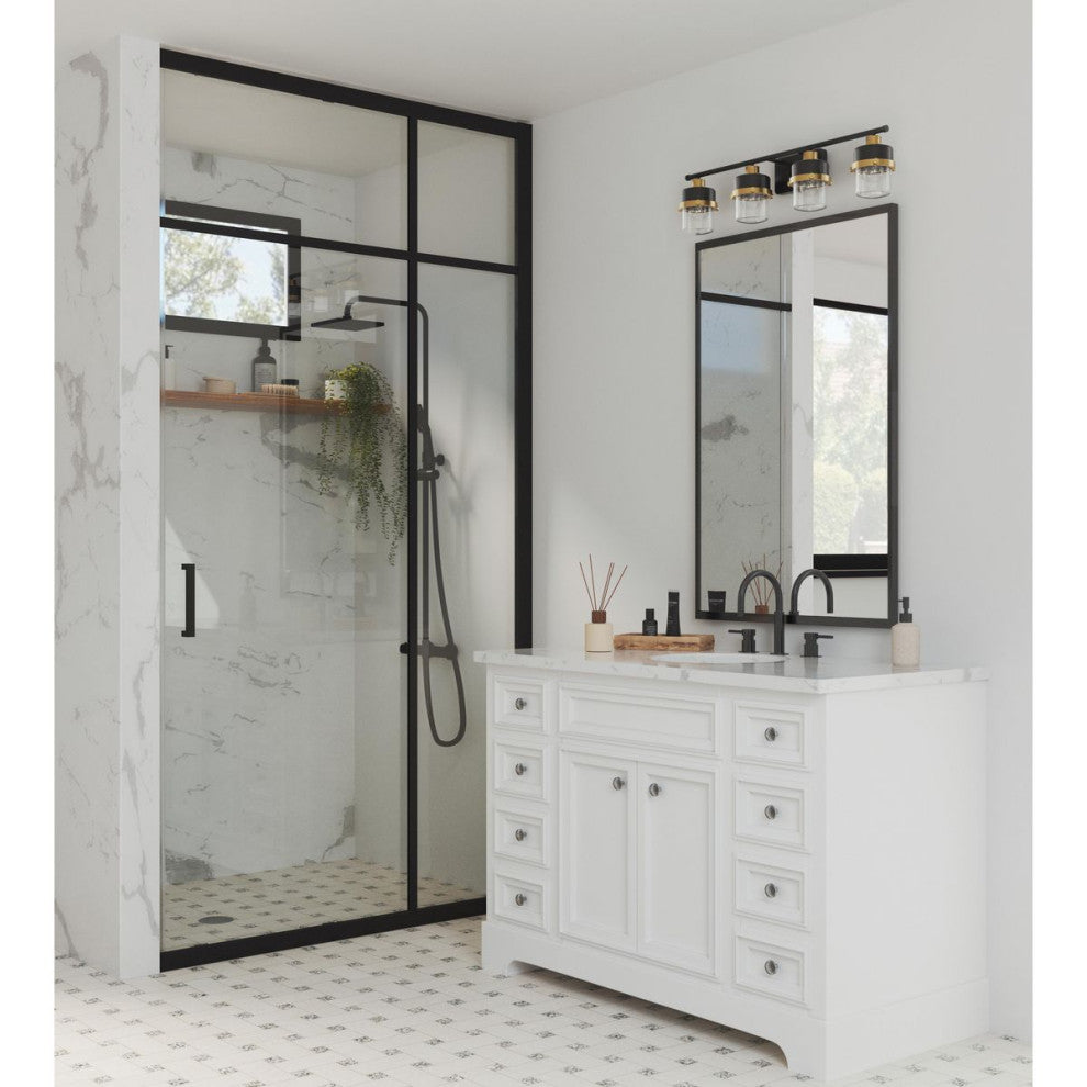 Beckner 4-Light Matte Black Clear Glass Bath Light With Vintage Brass Accents