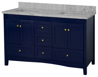 Abbey 60" Bath Vanity, Base: Royal Blue, Top: Carrara Marble, Double Vanity