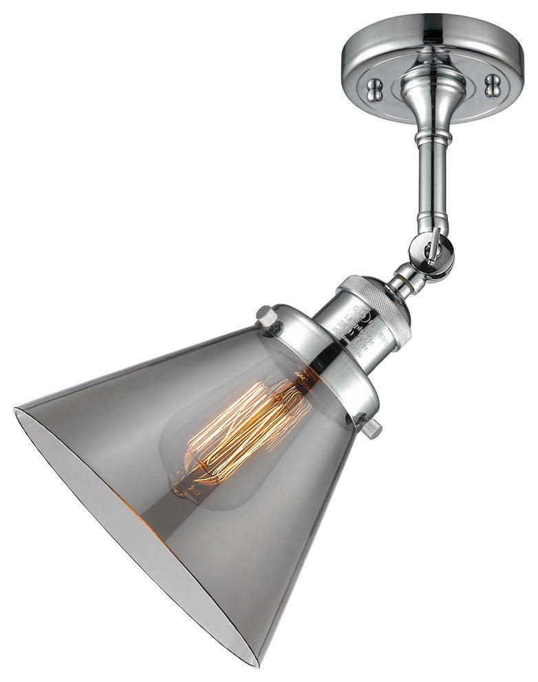 Large Cone 8" Semi-Flush Mount, Polished Chrome, Glass: Smoked