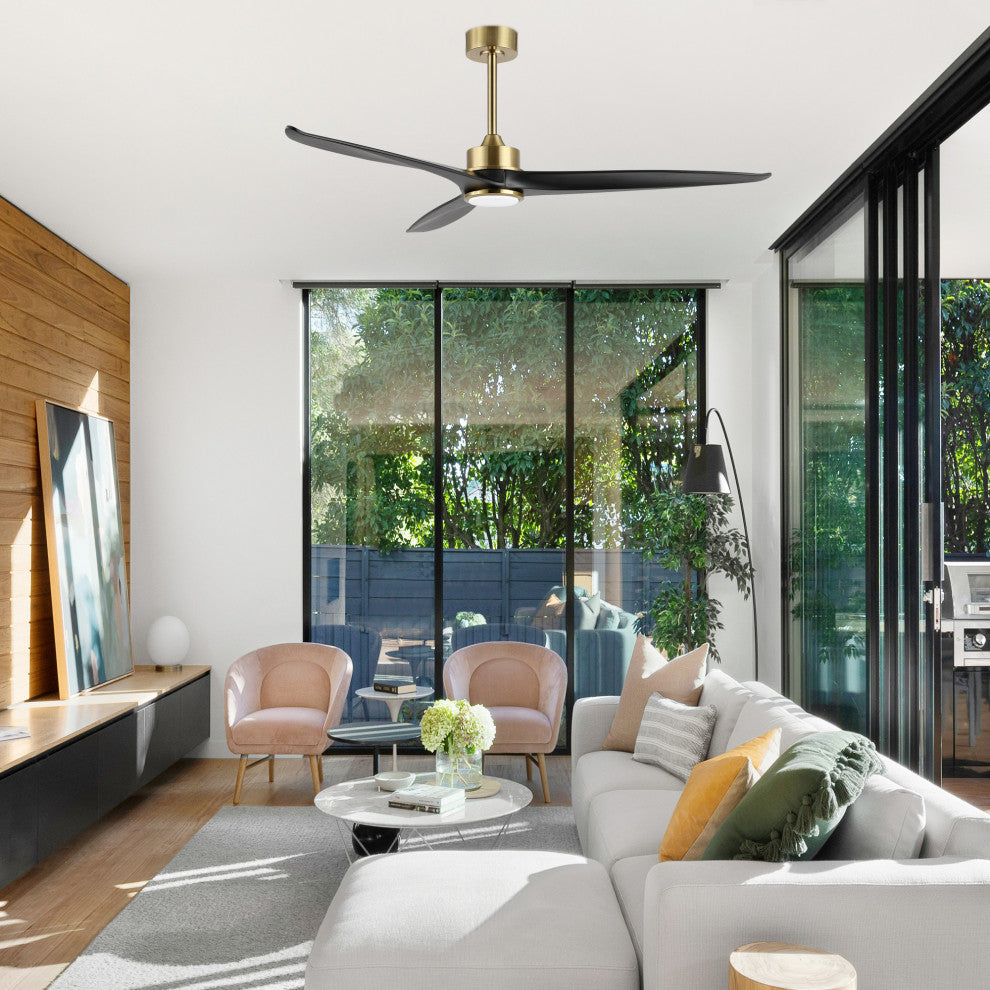 52" Solid Wood 3-Blade LED Ceiling Fan With Remote Control and Light Kit, Gold/Black