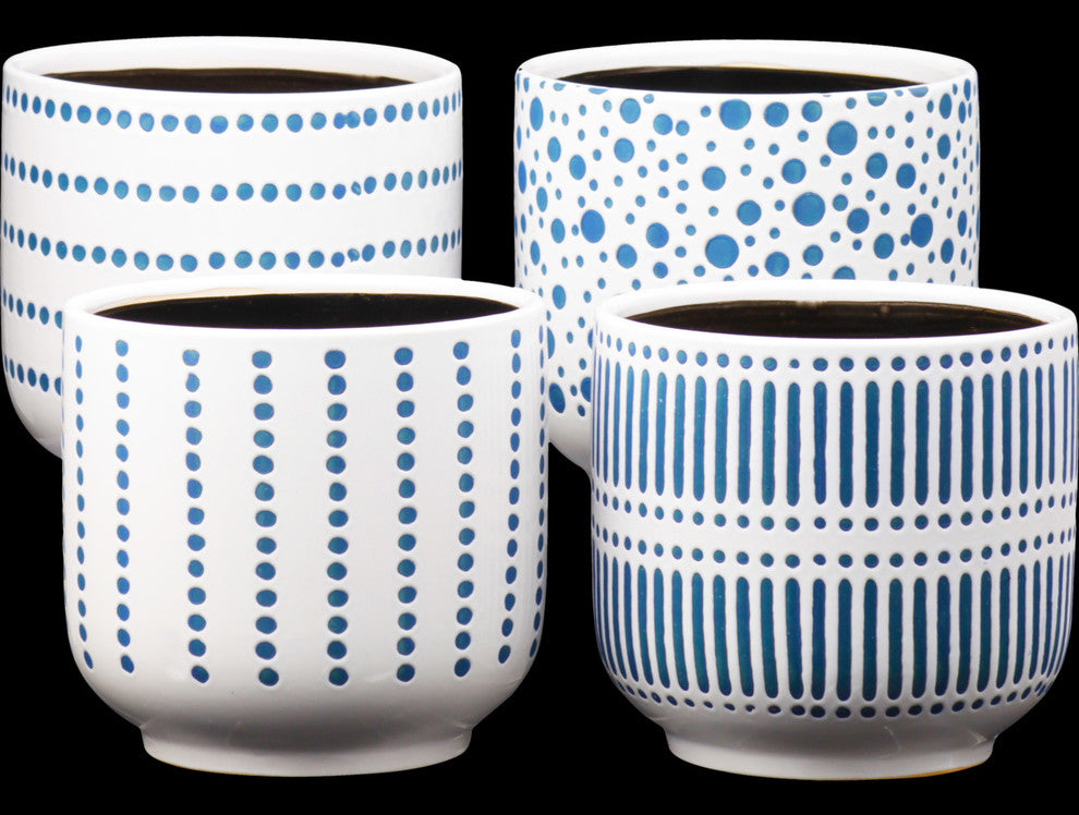 Ceramic Round Pot With Black Inner Surface and Multiple Line and Dot