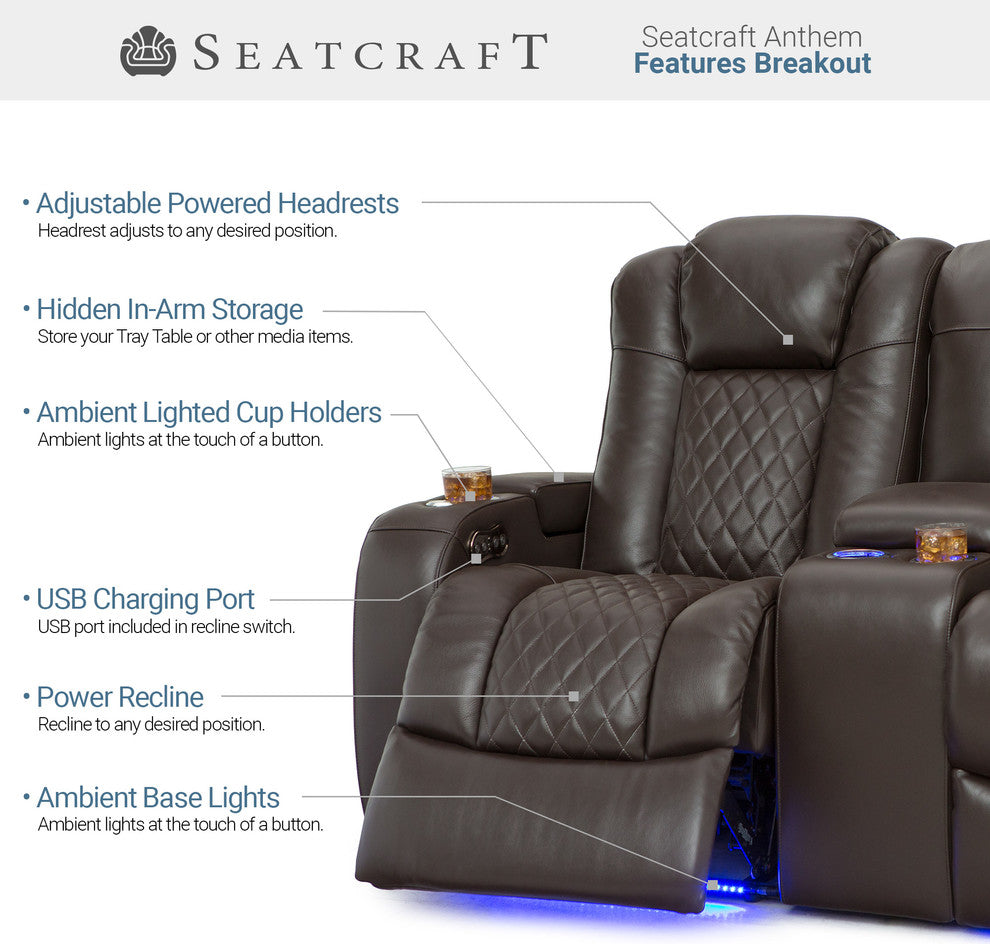 Seatcraft Anthem Home Theater Seating Leather Power Recline Loveseat, Brown