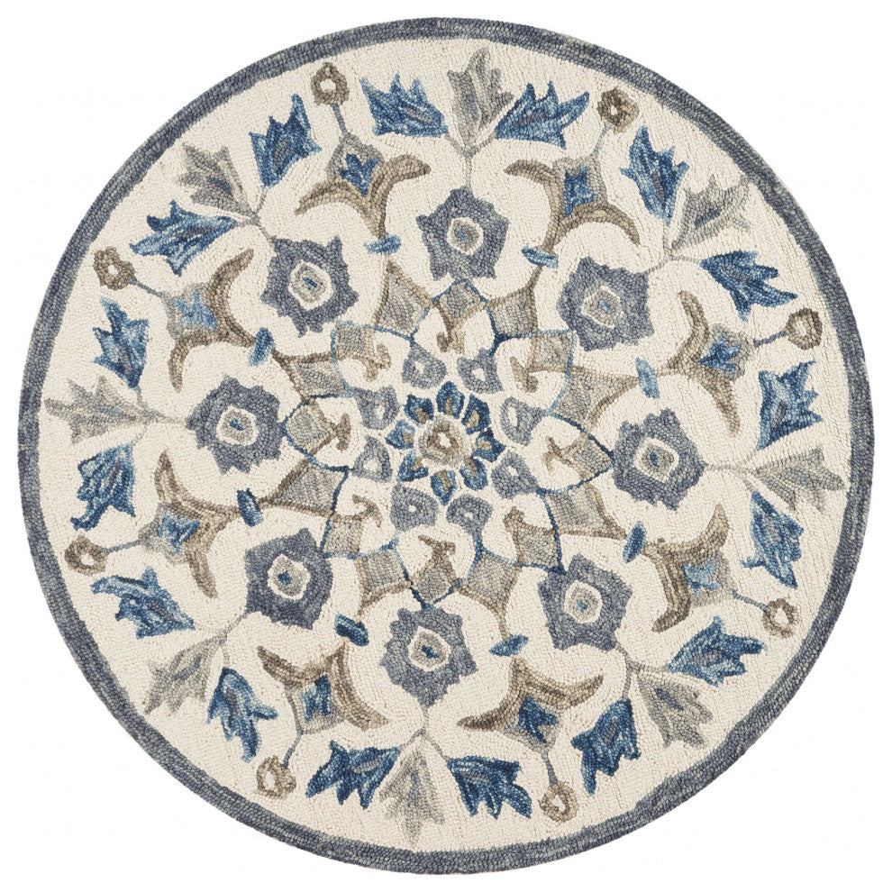 6??Round Blue Floral Oasis Area Rug