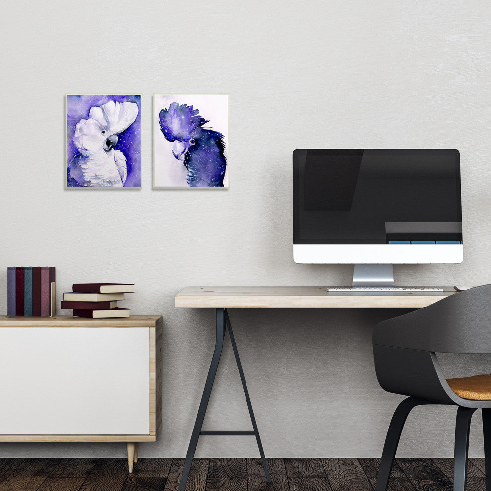 Space Birds Purple Watercolor Animal Painting 2-Piece Set, 10"x15", Wood Wall Ar