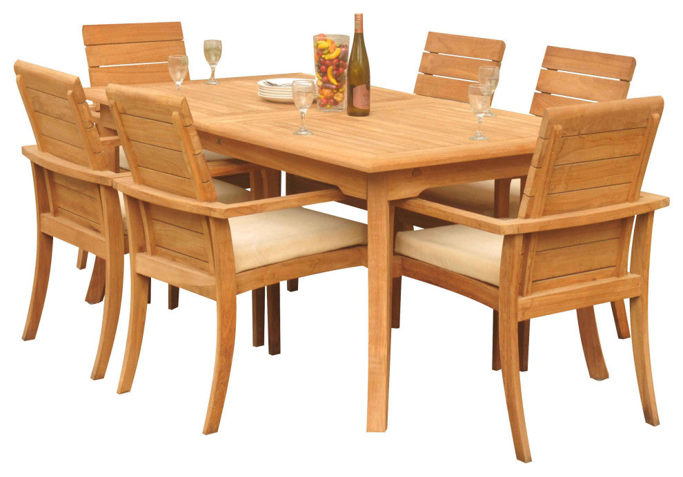 7-Piece Outdoor Teak Dining Set: 94" Rectangle Table, 6 Alps Stacking Arm Chairs