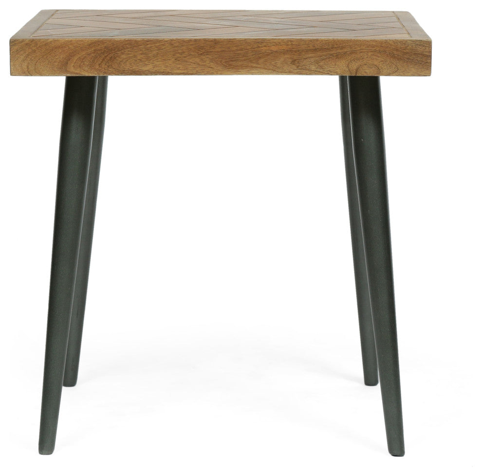 Tilton Boho Handcrafted Mango Wood Parquet Side Table, Natural Honey and Gray