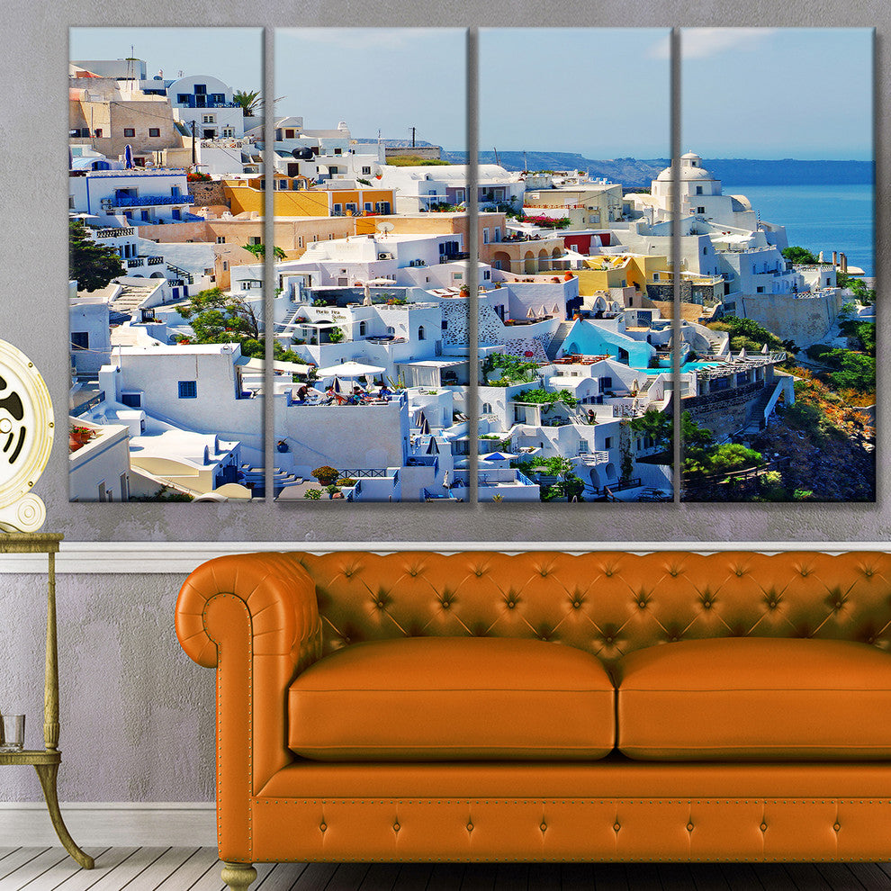 View of Fira Town Santorini, Abstract Wall Art Canvas, 48"x28", 4 Panels