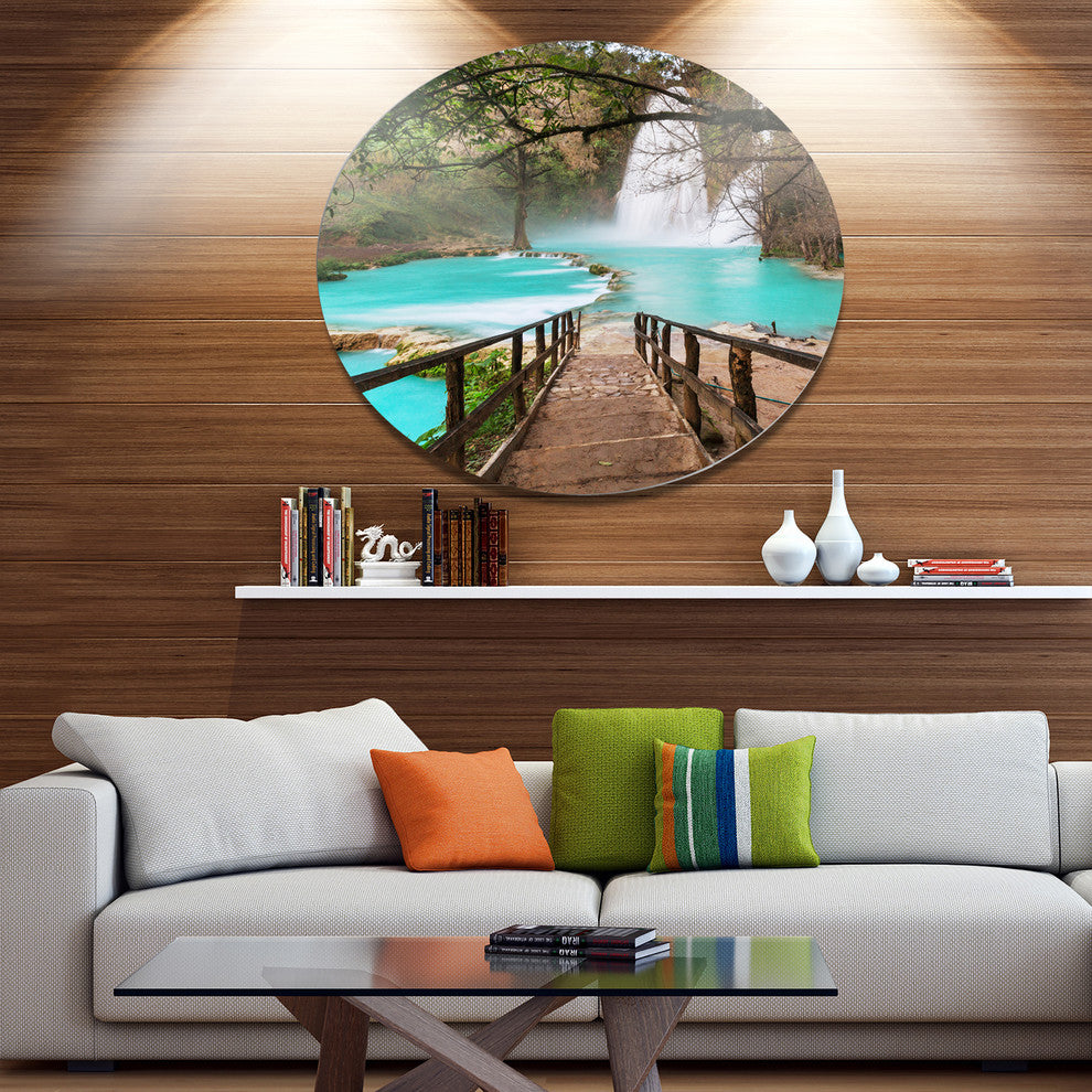 Stairway Into Beautiful Waterfall, Landscape Round Wall Art, Disc of 23 Inch