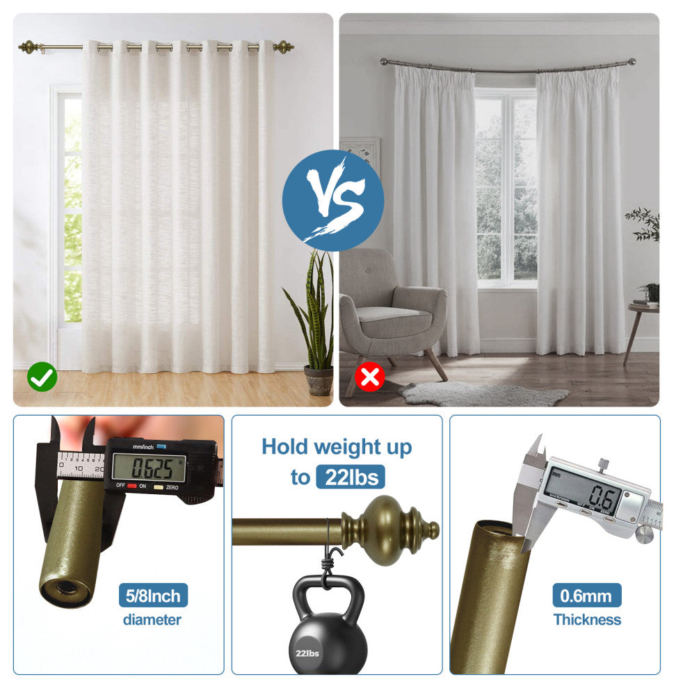 Round Urn Adjustable Double Curtain Rod Set, 5/8", Antique Gold, 48"-84"