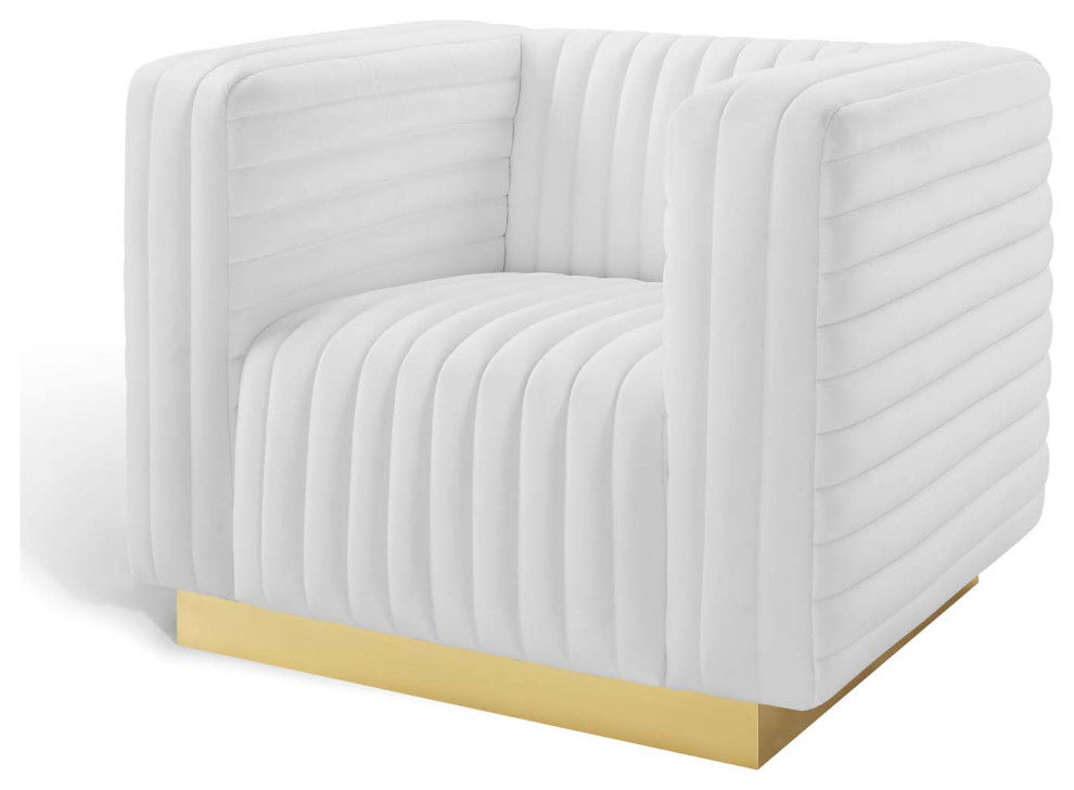Tufted Armchair Accent Chair, Velvet, White, Modern, Living Lounge Hospitality