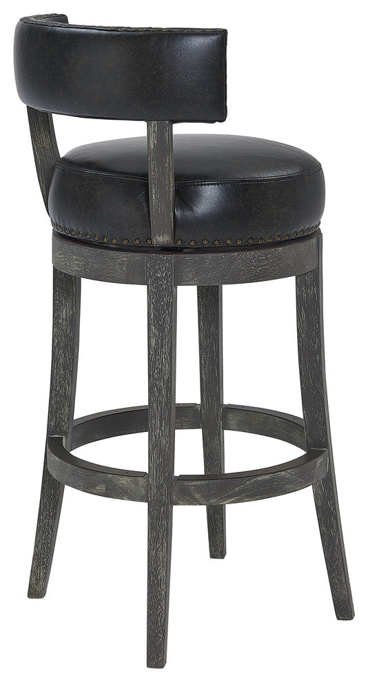 Richards 30" Wood Swivel Bar Stool, American Gray Finish, Onyx Faux Leather