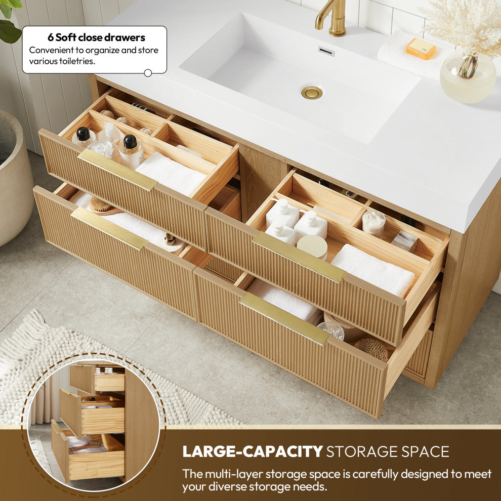 Hohhot Bath Vanity, Stone Sink Top No Mirror, Washed Ash Gray, 48", Single Vanity