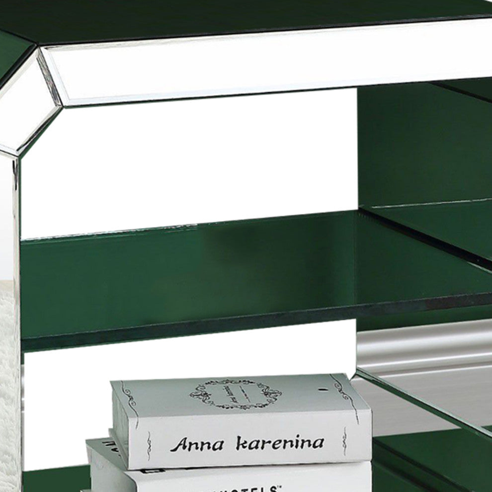 Benzara BM250271 Accent Table With Mirrored Inserts and 1 Glass Shelf, Silver