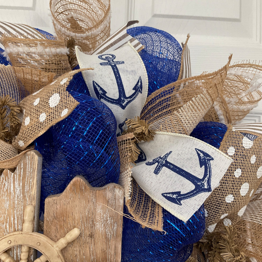 Nautical Captains Wheel Welcome Wreath Handmade Deco Mesh