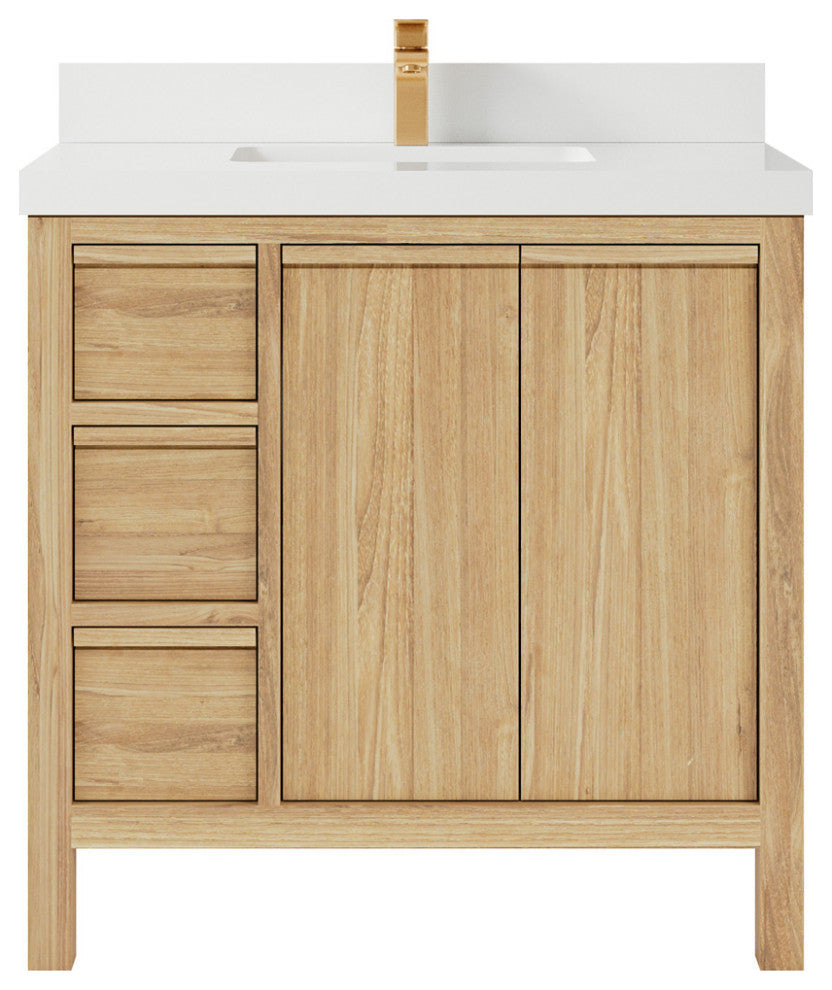 Elizabeth 36 Center Sink Bath Vanity in Light Natural Teak 2" White Quartz