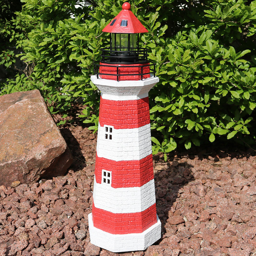 Sunnydaze Patio Solar Striped LED Lighthouse, 36", Red Stripe