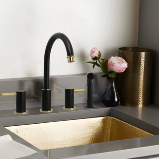 Two-Handles Copper Widespread Kitchen Faucet With Side Sprayer, Matte Black & Gold